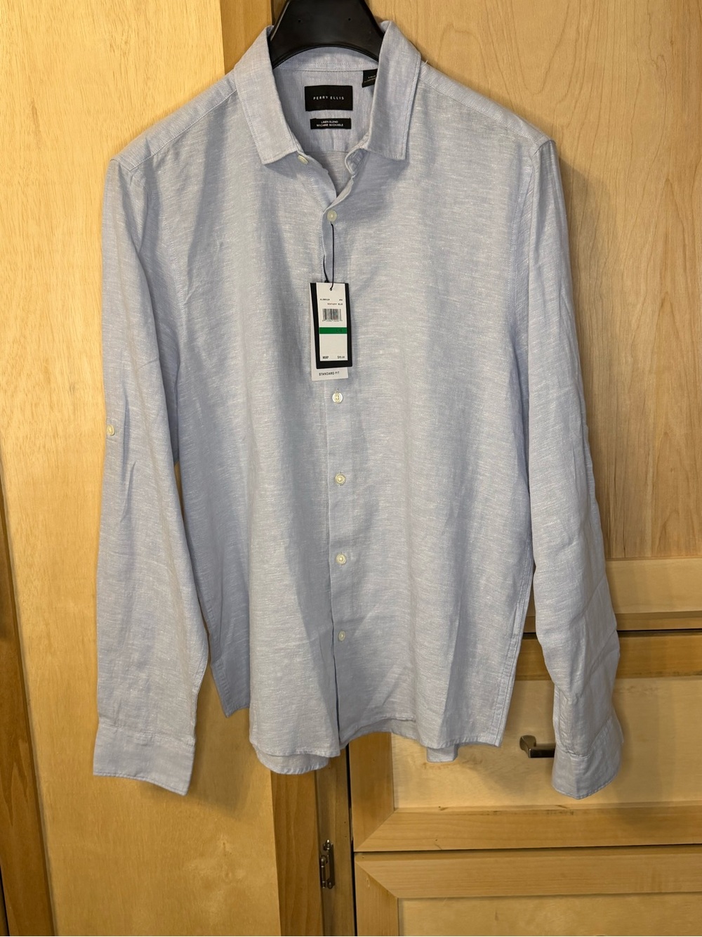 Perry Ellis Light Blue Long-Sleeve Linen Blend Dress Shirt